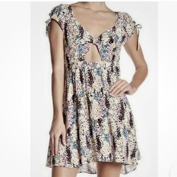 Free People Dresses & Skirts - Free People‎ Floral Mini Dress Cutout Tie Sleeve Cottagecore XS Extra Small